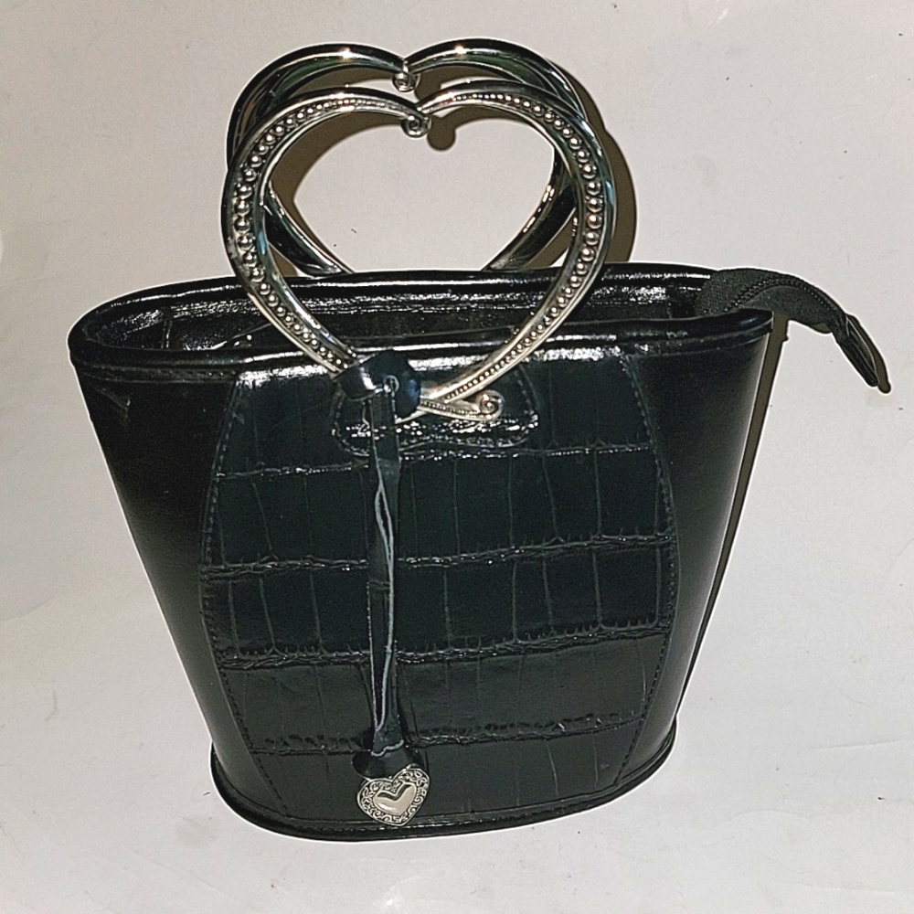 BRIGHTON BLACK CROC EMBOSSED LEATHER BUCKET BAG WITH SILVER HEART SHAPED HANDLES